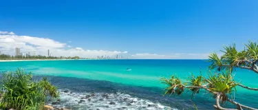 Burleigh Heads beach on Queensland's Gold Coast in Australia on a clear blue water day.