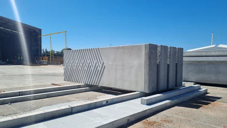 Precast concrete unit for Perth’s elevated Armadale Line, with a geometric relief pattern on one face, in the Humes Midland yard.