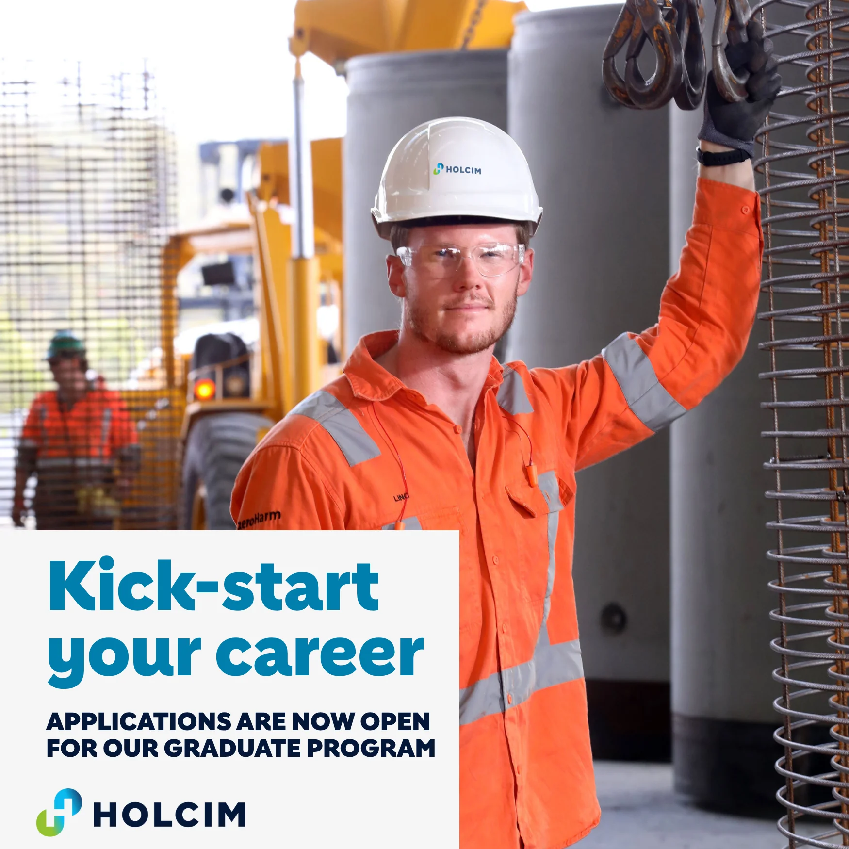 "Kick-start your career. Applications are now open for our graduate program." A Holcim worker in hi-vis and a hard hat stands beside precast concrete pipes.