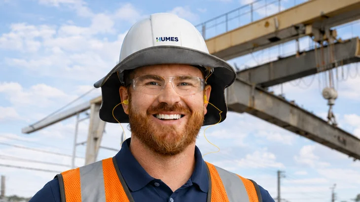 miling Humes worker in a branded hard hat, safety glasses and hi-vis vest, with a gantry crane at a precast concrete yard behind him.