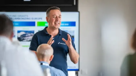 Holcim CEO Miljan Gutovic presenting at an internal conference